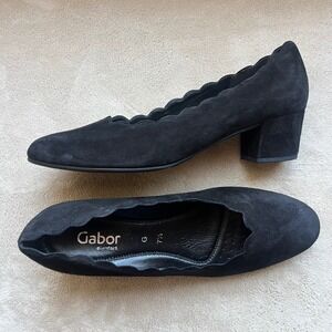 Gabor Women 10 UK 7.5 Black Suede Scalloped Block Heel Pumps Classic Comfort